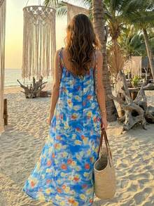 2026 Summer New Arrival French Elegant Gradient Loose Midi Beach Dress, Exclusive Travel Style Spaghetti Strap Dress For Women - Blue - View 6