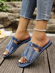 大码女士纯色拖鞋，休闲露趾平底夏季鞋，轻便套脚凉鞋 - 藍色 - 查看 5