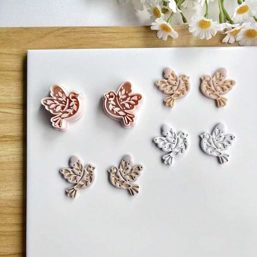 2件套对称鸟形聚合物粘土模具，可爱动物模具，适用于DIY耳环、胸针、吊坠、陶瓷、DIY耳环吊坠工艺陶瓷艺术套装 - 杏色 - 查看 1