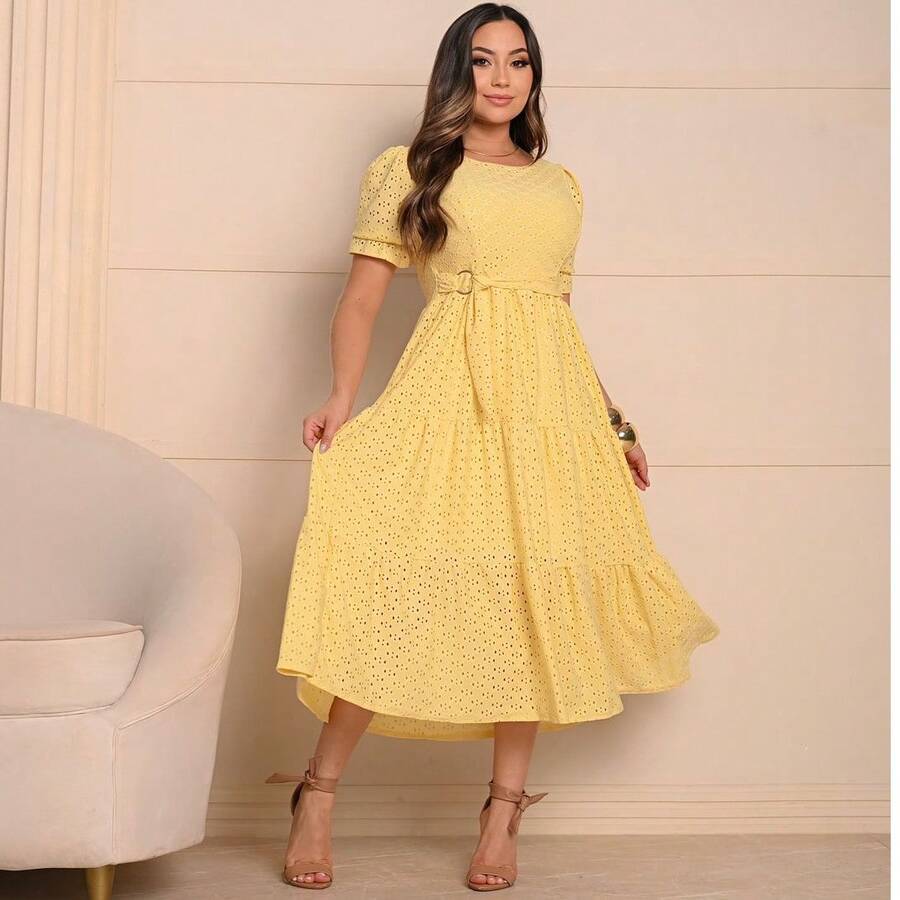Women's Midi Dress, Three Marias Style, Lace Knit, Wedding, Evening, Formal And Nighttime, Elegant And Casual - 奶油黃 - 查看 1
