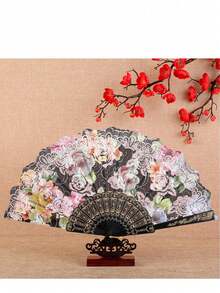 1pc Elegant Vintage Chinese-Style Black Lace Folding Hand Fan, Lolita Hanfu Cheongsam Photography Props With Tassels - Black - View 20