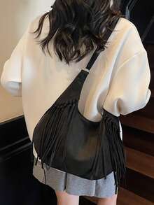 2025 New Suede Fringe Shoulder Bag, Large Capacity, Fashionable Niche Design For Women - Black - View 3