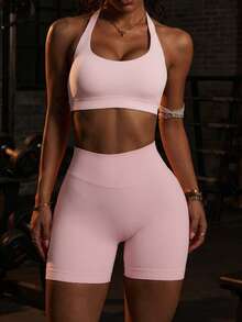 Quần short thể thao nâng mông không đường may dành cho nữ, thích hợp cho tập gym, đạp xe, chạy bộ, màu đen bó sát, màu hồng mùa hè. - Hồng - Xem 8