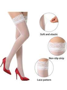 1 Pair Women's White Thigh High Stockings, Lace Trim Sheer Thigh Highs Silky Pantyhose With Silicone Non-Slip, Sexy Over-The-Knee Lace Socks For Summer Beach Holiday Birthday Party - Multicolor - View 7