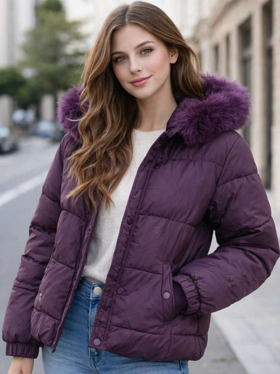 Women's Lined Puffer Jacket With Removable Hood And Button Pockets - Burgundy - View 1