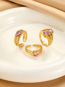 3pcs Stainless Steel 18K Gold Plated Heart Shaped Ring Set, Inlaid With Pink Zirconia, Suitable For Women Wear Or Gift - Yellow Gold - View 3