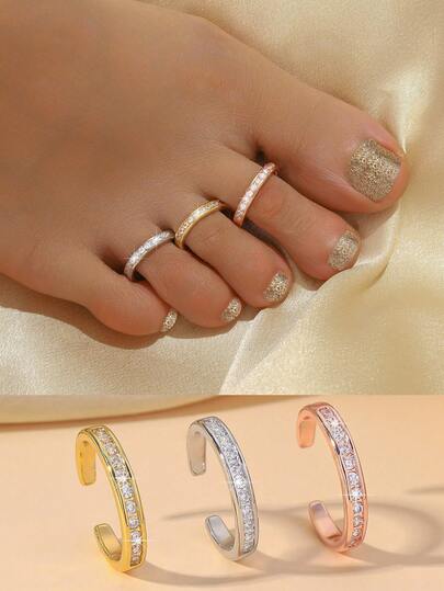  Nuevo anillo para el dedo del pie ajustable con circonita cúbica cuadrada, joyería de lujo para los pies de las mujeres, adecuado para uso diario, vacaciones y accesorios de fiesta