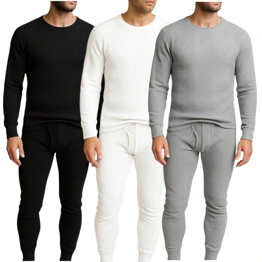 Men's 3 Pack Full Thermal Sets Ultra Soft 6 Piece Cotton Top And Bottom Set - WHT/BLK/GRY - View 1