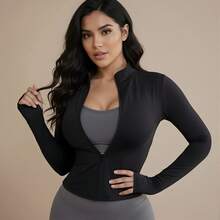 LKZ 女士纯色立领运动夹克，轻质全拉链瑜伽夹克适合户外跑步，修身设计带拇指孔，适合室内/户外运动 - 健身房锻炼 - 黑色 - 查看 7