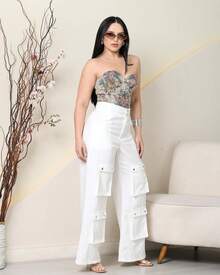 Women's Wide Leg Cargo Pants, High Waist, Tailored, Marrant Style, Palazzo Pants With 4 Utility Pockets, Premium Streetwear - 白色 - 查看 3