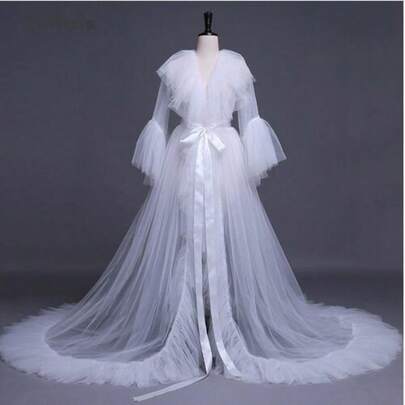Women Sexy Tulle Night Robe Sheer Mesh Perspective Sleepwear V-Neck Ruffles Floor Long Bath Robe