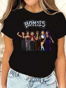 Homies Selfie-Shirt - Fun Cartoon Design - Stylish Tee Women - Besties220g High-Quality Cotton-Shirt With Minimalist Printing, Soft And Breathable Fabric, Comfortable And Loose, Suitable All Day Wear, Suitable Office Casual Wear, Spring And Summer Daily Appearance, Elegant And Youthful Design Ropa De Hombre - Black - View 2