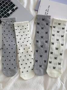4 Pairs Ballet Style Ruffle Socks - Summer Thin Mid-Calf Socks, Quick Dry, Mesh Hollow Design, Bow/Polka Dot Socks, Elegant Ruffle Socks - Multicolor - View 6