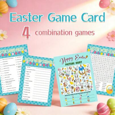 40pcs 4-In-1 Easter Game Cards, Word Search, Word Scramble, Find The Picture & Candy Matching, Classroom & Home Easter Party Supplies