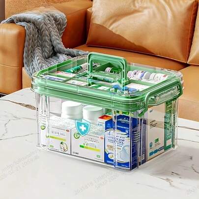 1pc Dual-Layer Transparent Home Medicine Cabinet, Large Capacity With Handle And Lockable Design, Dust-Proof And Moisture-Proof, Stackable, Suitable For Storing Medicines, Health Products, Medical Supplies In Home, Living Room, Bedroom, Simple And Modern Practical Storage Box