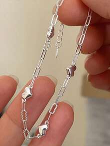 BALMORA 1条925纯银时尚优雅可爱心形链手链，适合女性日常佩戴、友谊聚会、情人节、珠宝礼物 - 光面愛心銀色-16+4cm - 查看 2