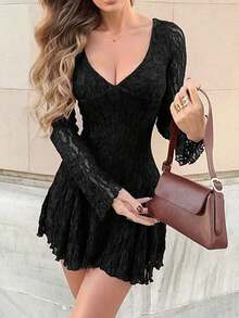 Women Black Knitted Deep V Neck Long Sleeve Mini Dress Semi Sheer Elegant - Black - View 6