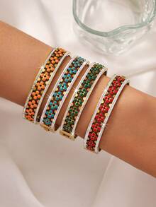 1 pieza Brazalete de acero inoxidable con diseño de flor de estilo bohemio lujoso y elegante, adecuado para combinar con atuendos, también es un gran regalo para amigos, familiares y madres - Dorado - Ver 2