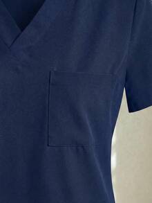 Conjunto uniforme médico quirúrgico set 2 piezas dama mujer manga corta cuello v pantalón jogger resorte cordón cómodo - Azul Marino - Ver 4