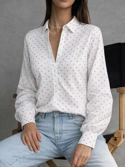 Camisa dama mujer tejido vestir lunares cierre botones cuello camisero manga larga puño bajo regular día noche diario calle oficina primavera verano cómoda evento cumpleaños fiesta