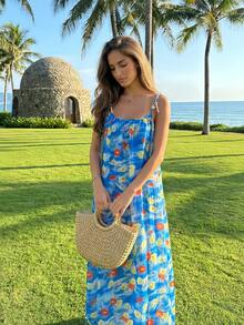 2026 Summer New Arrival French Elegant Gradient Loose Midi Beach Dress, Exclusive Travel Style Spaghetti Strap Dress For Women - Blue - View 4