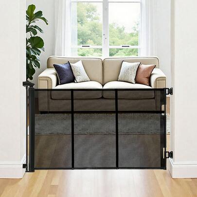 Retractable Baby Gate, Extends To 122 Inch Extra Wide, 31.3 Inch Tall, With Reinforced Fiberglass Strips, Avoids Crawling Through, Mesh Dog Gate For Decks, Doorways, Garages, Indoor, Black