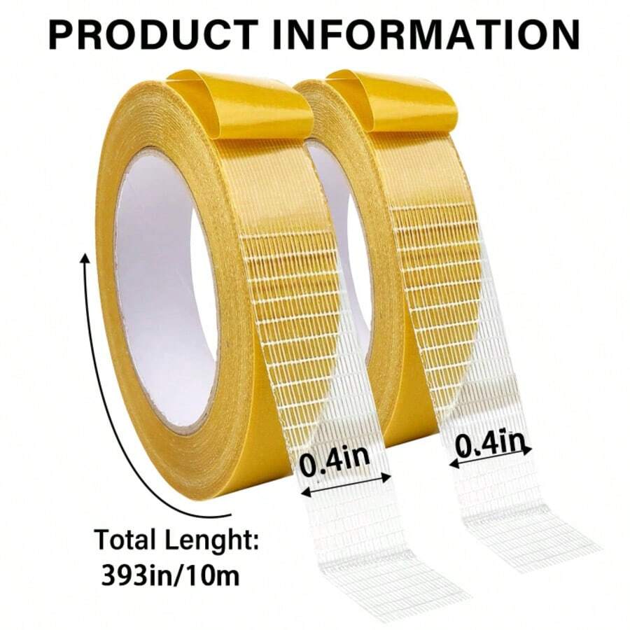 2pcs Super Strong Double-Sided Tape, 0.4in X 393in - Waterproof Transparent Adhesive With Fiberglass Mesh, Suitable For Walls And Glass, Yellow - 2 Pieces - View 1