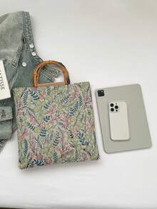 Countryside Style Linen Tote Bag, Bamboo Handle Large Capacity Tote Bag, New Spring/Summer Retro Jacquard Bamboo Handle Linen Texture Commuter Bag - Multicolor - View 3