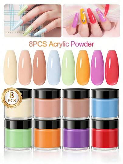 8色套装，每盒10克，包含裸色、酒红色、玫瑰色、蓝色、绿色、橙色等多种颜色。适用于制作亚克力美甲、延长甲、3D美甲等。适合作为女士美甲沙龙的礼物、春季礼物、情人节美甲礼品。