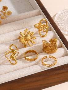 Set de 6 anillos de acero inoxidable con diseño geométrico de líneas y flores, adecuado para uso diario de mujeres - Dorado - Ver 3