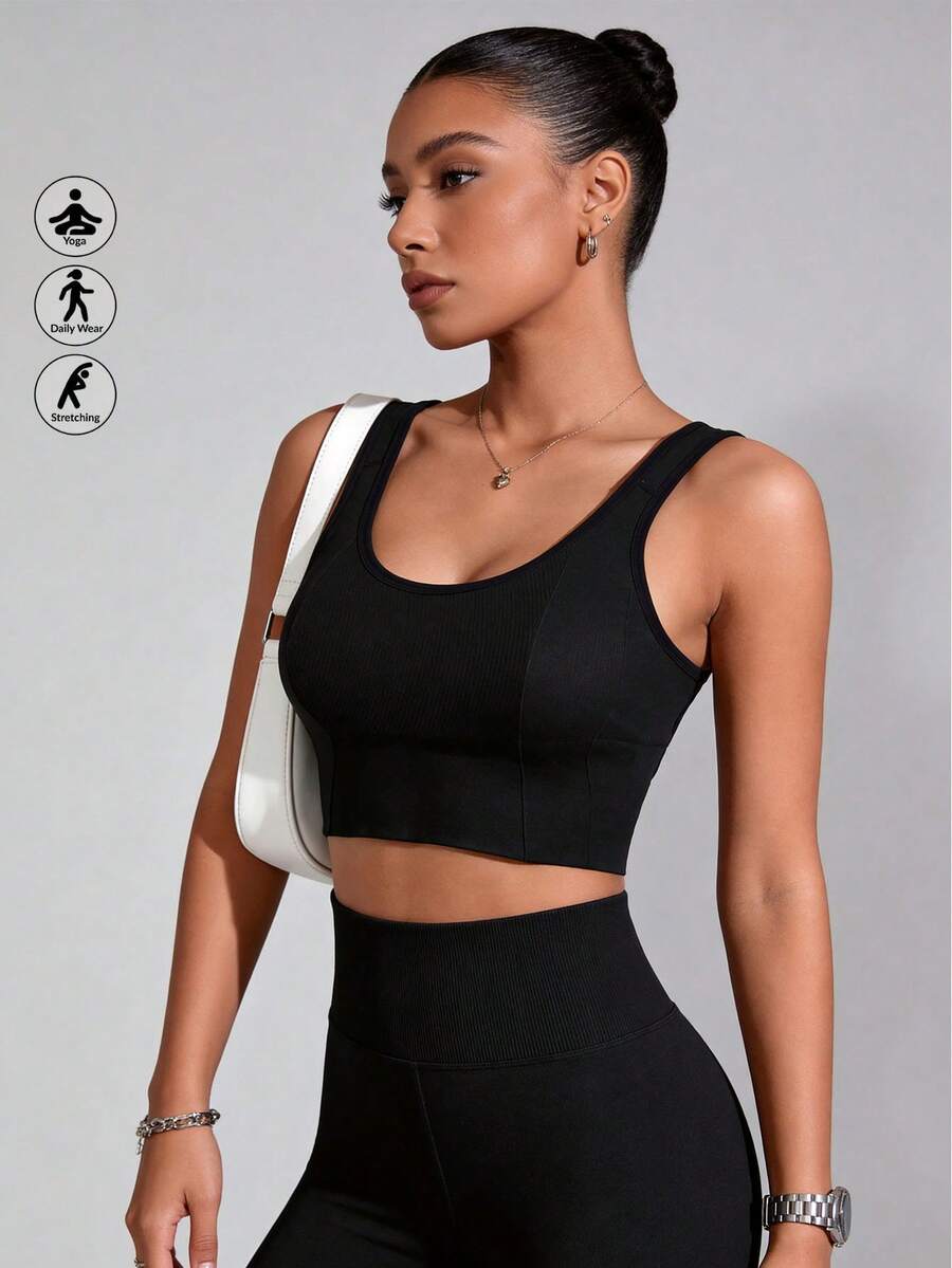 Runway Rest 纯色罗纹运动文胸，适合锻炼，防震，带衬垫，无缝运动文胸，女士聚拢文胸，无缝内衣，女士性感内衣文胸 - 黑色 - 查看 1