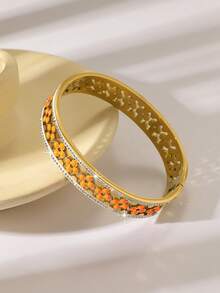 1 pieza Brazalete de acero inoxidable con diseño de flor de estilo bohemio lujoso y elegante, adecuado para combinar con atuendos, también es un gran regalo para amigos, familiares y madres - Dorado - Ver 5