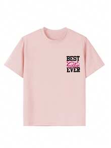 Camiseta de cuello redondo de manga corta con estampado gráfico informal para niña, top de verano - Rosa - Ver 5