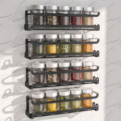 4 Pack Wall Mounted Spice Rack With 16 Hooks Spice Organizer Shelf For Stove Cabinet Pantry Door Screw Or Adhesive Spice Shelf Hanging Wall Spice Rack In Kitchen And RV Black 4 PACK
