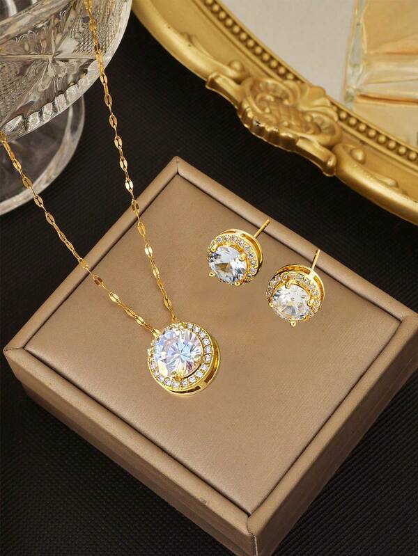 3件套经典圆形立方氧化锆装饰项链耳环首饰套装，适合女士婚礼、约会、送礼、婚礼配饰