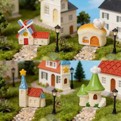SHAMLESS Mini Fairy House Decor, Windmill/Star/Bread/Mushroom Resin Small House Collectibles, Nordic Style Cute Desktop Fairy Garden Micro Landscape Decor, Miniature Landscape House DIY Props Unique Gift