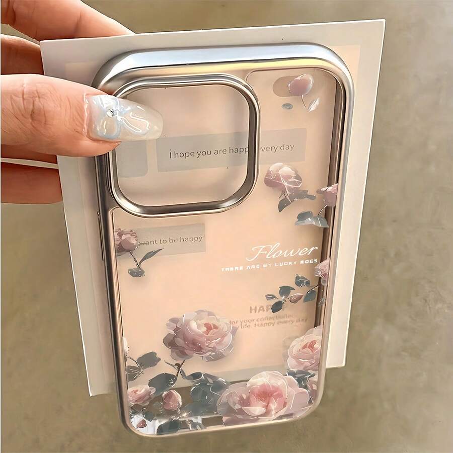 Capa de Telefone com Elementos Florais Rosa Minimalistas Eletroplateados Transparentes, 1 Peça, Proteção de Lente da Moda Anti-Queda Anti-Colisão, Padrão Vibrante de Flor de Pessegueiro, Personalizada Compatível com iPhone 16 Pro Max, 17/16/15/14 Plus, 13/12/11, Presente de Aniversário de Primavera
