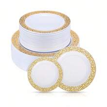 金色优雅甜点托盘，白色金边餐盘，优雅上菜盘，意面盘，开胃菜盘，蛋糕盘，易于清洁的可重复使用餐具，适用于派对、婚礼、午餐、家庭聚会、订婚派对、烧烤、晚餐、同学聚会、生日、节日、退休庆祝、野餐、自助餐、用餐、情人节晚餐等场合。 - 查看 1