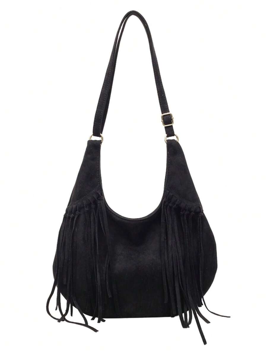 2025 New Suede Fringe Shoulder Bag, Large Capacity, Fashionable Niche Design For Women - Black - View 1