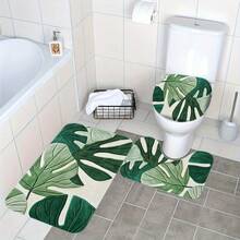 A Set Of Bathroom Short Plush Mats Featuring A Tropical Green Leaf Pattern, Including A Toilet Seat Cover, A U-Shaped Toilet Mat, Made Of Soft Flannel Material, Designed To Be Non-Slip - Nhiều màu - Xem 9