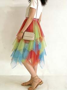Ombre Asymmetrical Mesh Tulle Skirt, New Spring/Summer Midi Flowy Skirt, Fairy Style Skirt Vacation - Rainbow Colors - View 5