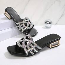 1 Pair Fashion Chunky Heel, Square Toe High Heel Shoes, Sexy Summer Party Slide Sandals - Black - View 2
