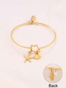 1 pieza Brazalete de acero inoxidable con colgante de concha, estrella de mar y caracol, brazalete abierto de moda con perlas y encantos del océano - pulsera - Ver 7