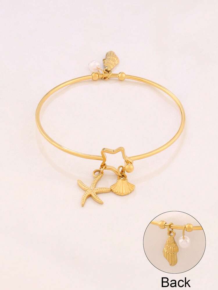 1pc Stainless Steel Shell Starfish Conch Pendant Bangles Fashion Open Bangle Pearl Ocean Charms Bangle Bracelet Jewelry - Bracelet - View 7