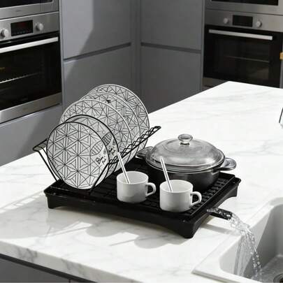 Estante de almacenamiento de platos y tazones de cocina de hierro de 39 cm, con bandeja de drenaje, estante doble para platos, puede almacenar tazones, platos, tazas