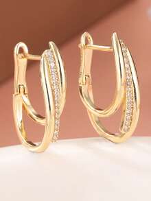 Pendientes de cobre con incrustaciones de circonita, pendientes redondos para mujer, pendientes ovalados alargados - Dorado - Ver 8