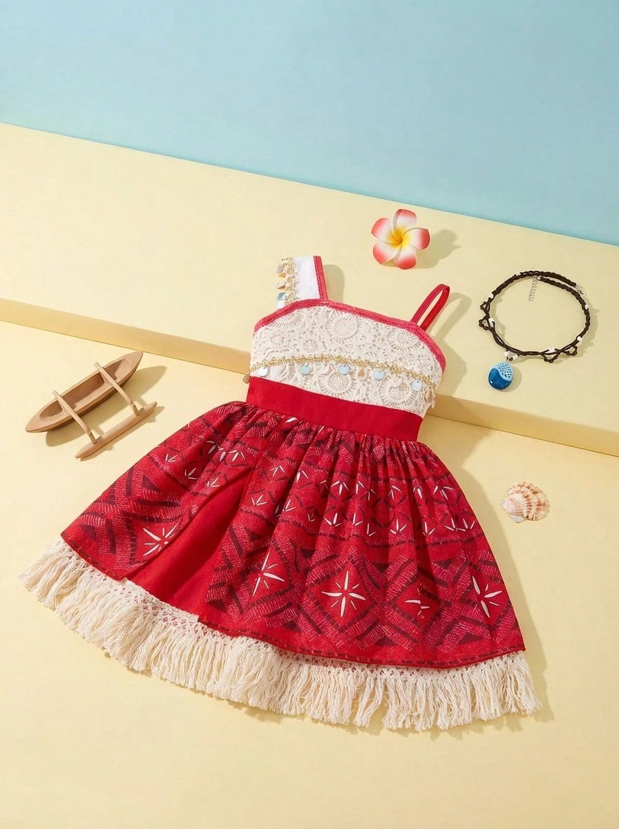 Disfraz de aventura para niñas, vestido de princesa para fiesta de cumpleaños de niñas, vestido con flecos con collar y pasador para el cabello - Rojo - Ver 1