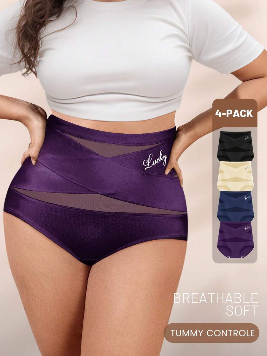 Bộ 4 quần lót chéo lưng cao thoáng khí mềm mại cỡ lớn cho nữ