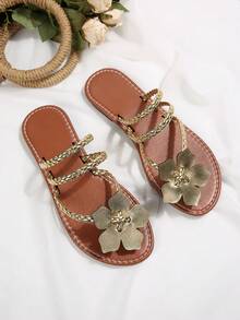 Dép xăng đan đế bằng họa tiết hoa dành cho nữ, kiểu dáng châu Âu và Mỹ, thoải mái khi mang đi biển vào mùa hè. - Vàng - Xem 7