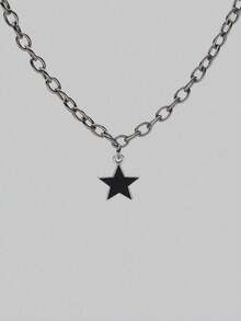 复古朋克风星星吊坠项链，不锈钢极简项链，男女皆宜，奢华设计颈链，适合嘻哈风格 - 銀色 - 查看 1